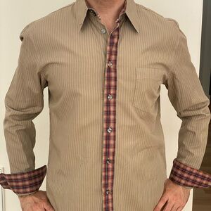 Moschino Beige Striped Shirt with Red Plaid Details